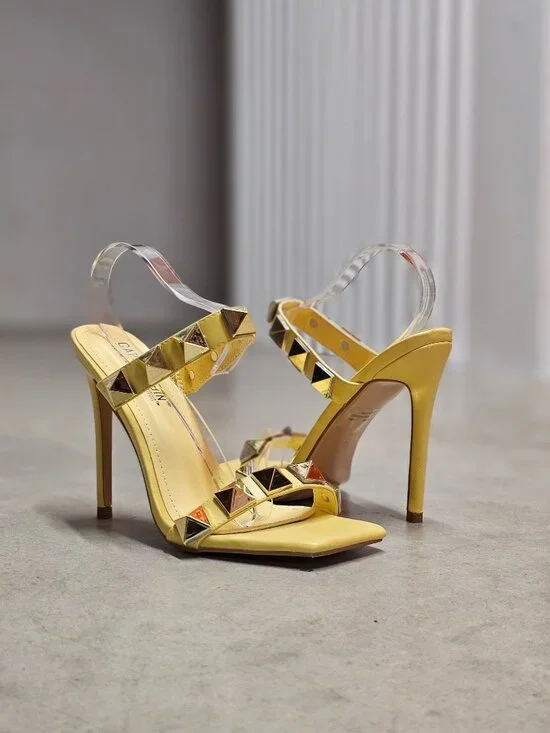 Yellow Studded High Heel Sandals With Straps & Square Toe Design For Women - Picture 9 of 15